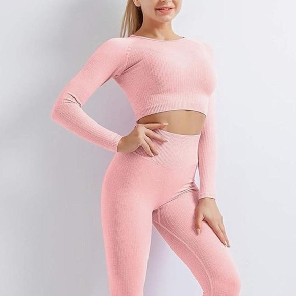 Amazon Other - Pink Compression Workout Set Ribbed (top L bottoms M)